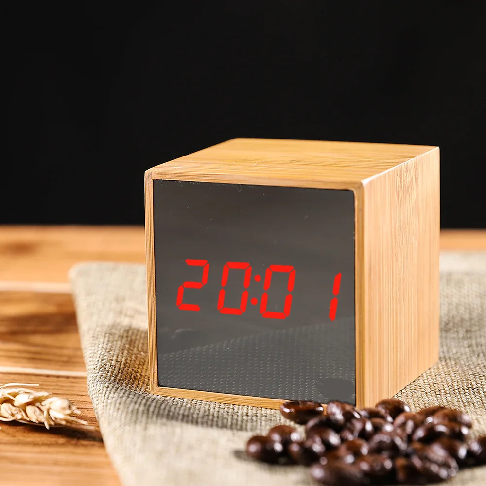 

LED Digital Alarm Clock Bamboo Mirror Multifunctional Saat Horloge Table Reloj Despertador Display Voice Control Wake Up