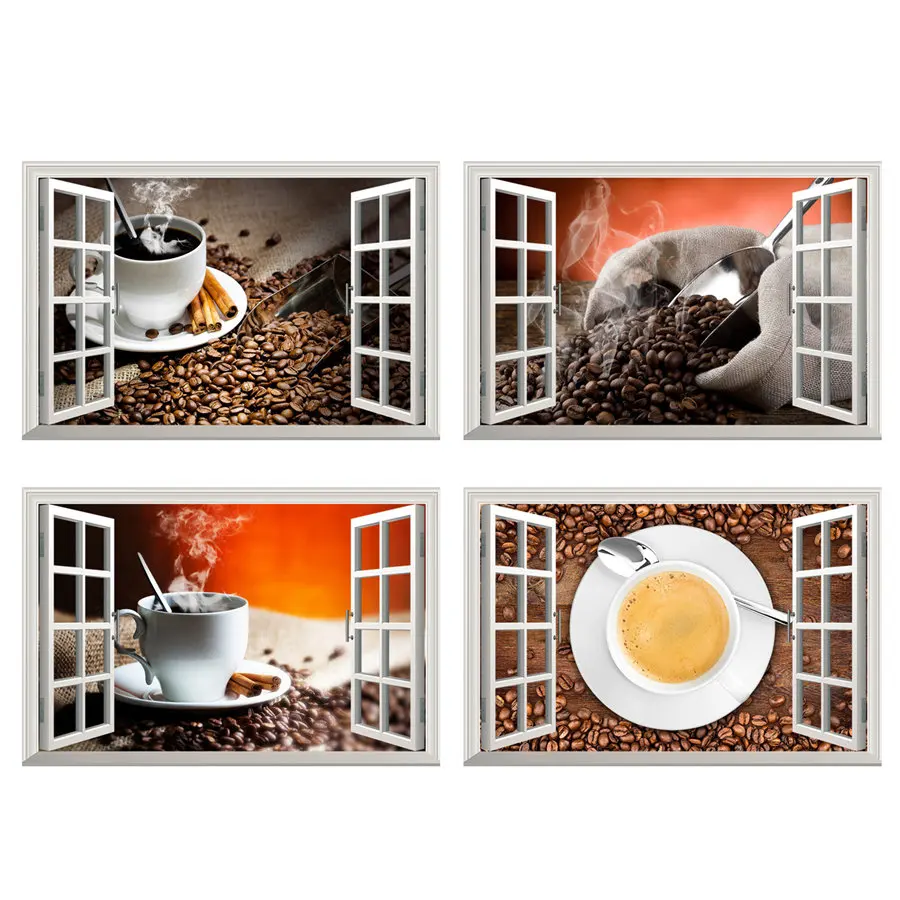 Ароматные наклейки на стену кофе 3D окно вид бобы эспрессо виниловые настенные