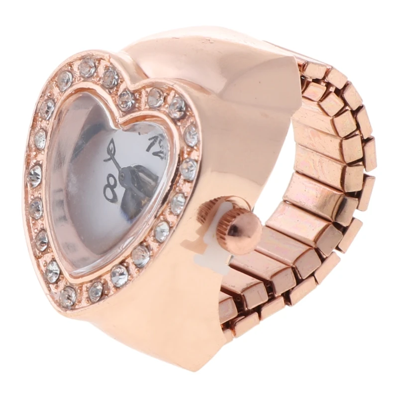 

Copper Tone Heart Shape Housing Elastic Band Finger Ring Watch For Women