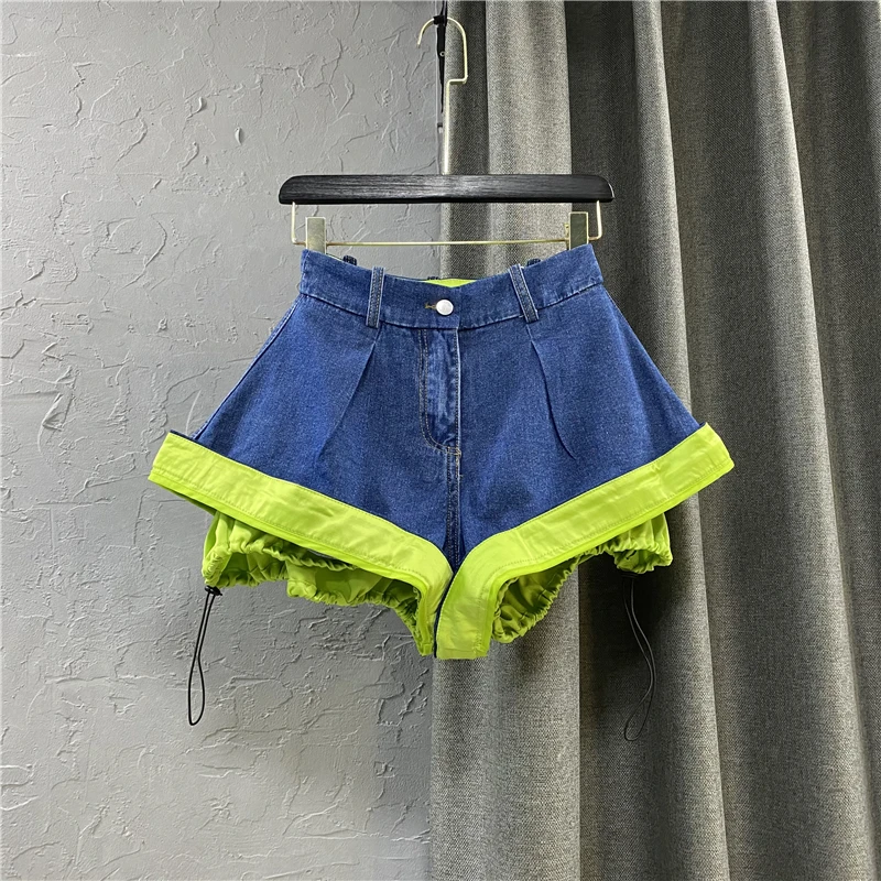 

2021 New Summer Women's Hot Pants Jeans Shorts Fashion High Waist Fluorescent Green Curling A- Line Wide Leg Pants Denim Shorts