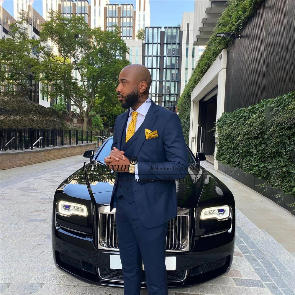 

Классические темно-синие мужские костюмы, официальный деловой Блейзер, облегающий свадебный смокинг для жениха, комплект из 3 предметов, куртка, жилет и брюки, мужской костюм