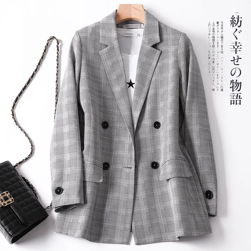 

Double Women's Plaid Blazer Feminino Breasted Notched England Style Jacket Women Autumn VS19B255