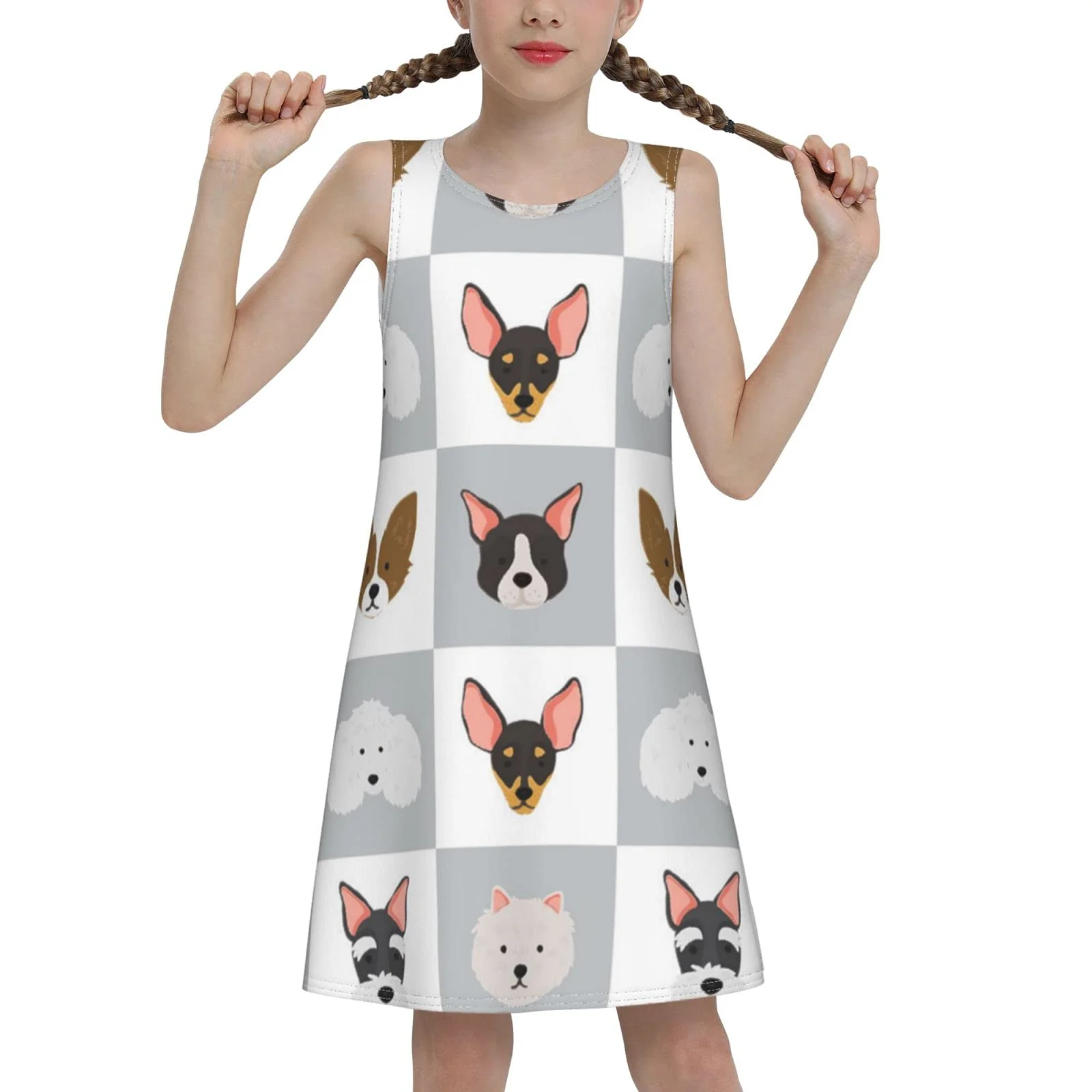 

Girls Sleeveless Vest Dress Cute Dog Corgi Round Neck Swing Dress A-line Casual School Summer Dress
