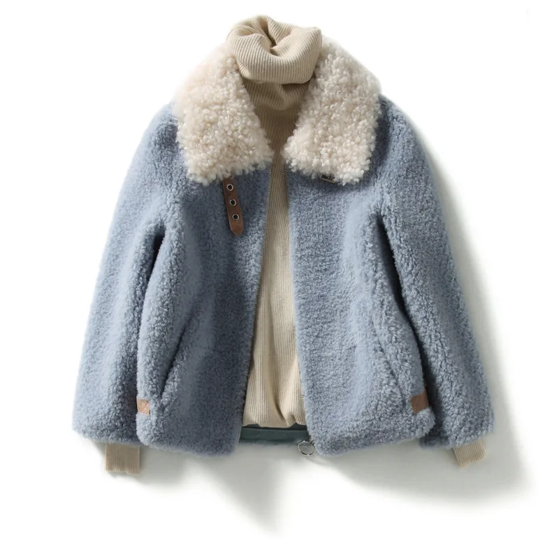 Women Lambswool Coats Winter Warm Slim Wool Coat Light Blue Turn-Down Collar Real Fur Overcoats Short Fashion Female Jackets