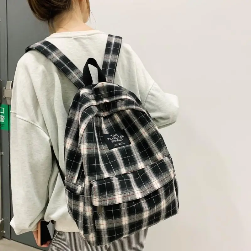 

Vintage Plaid Canvas Backpack Women Large Capacity Student Shoulder School Bags For Teen Girls Travel Laptop Knapsack Women 2021
