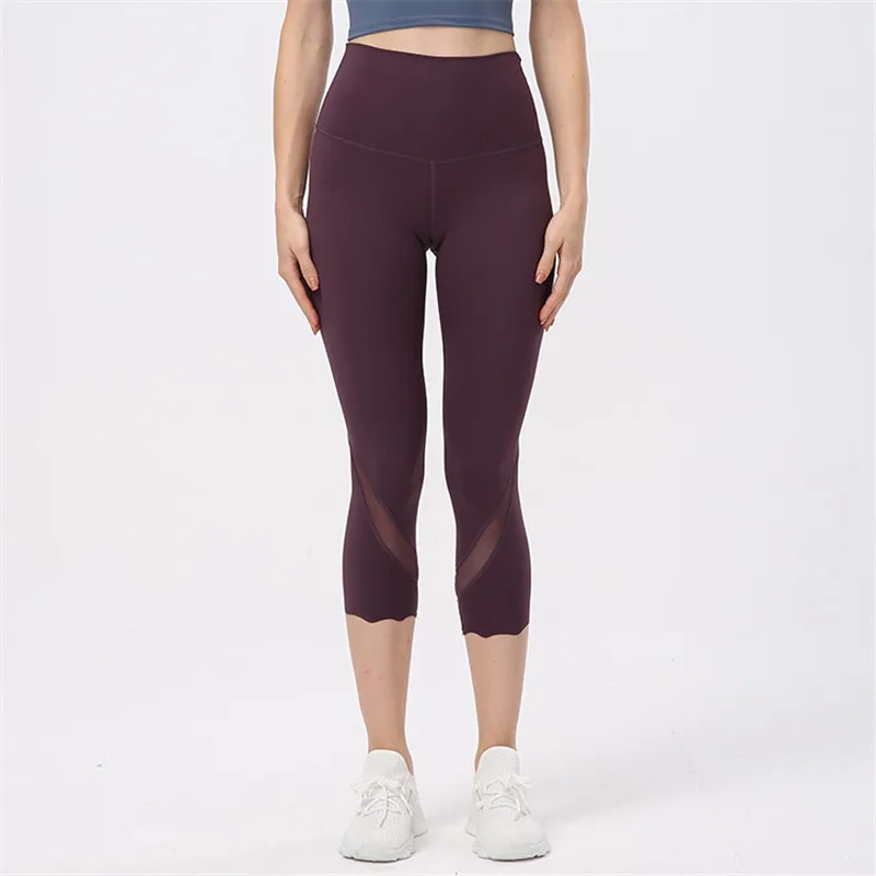 

Solid Color Mesh Yoga Cropped Leggings Fitness Squatproof Plus Size High Waist Women Sports Pants Stitching Moisture Wicking Gym