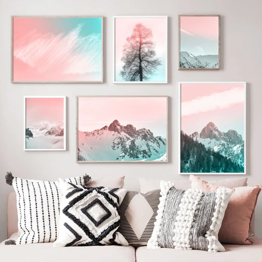 

Pink Sky Fog Snow Mountain Tree Wall Art Canvas Painting Nordic Posters And Prints Landscape Wall Pictures For Living Room Decor