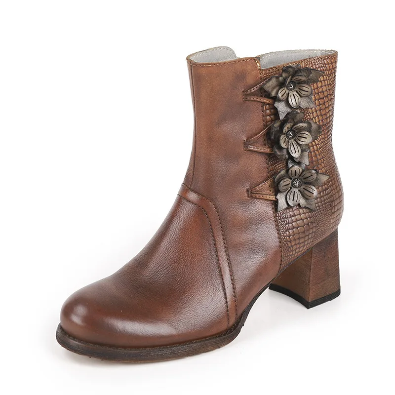 

YourSeason Platform Genuine Leather Chelsea Shoes Zip Round Toe New 2021 Winter Flower Concise Women Ankle High Heel Boots