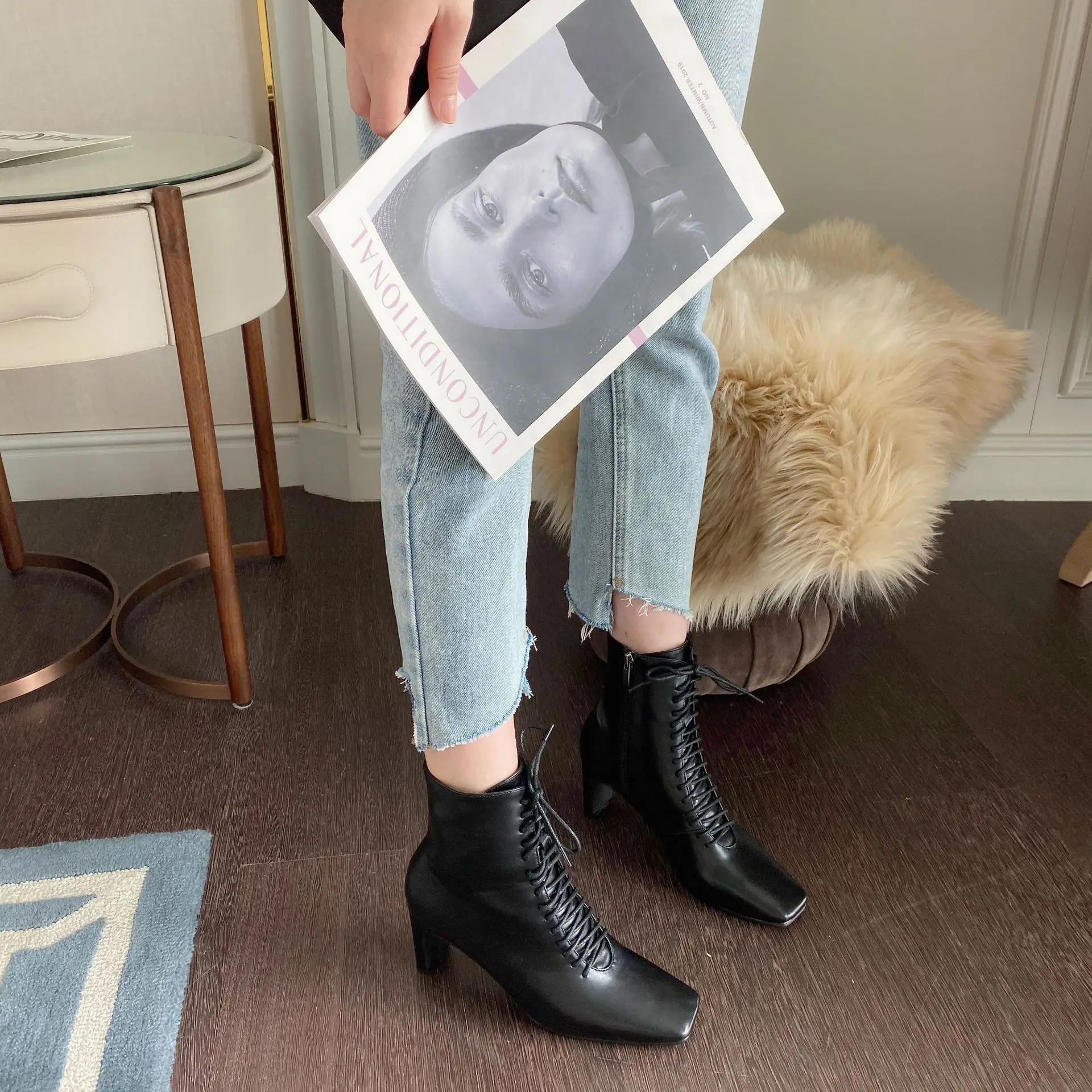 

Woman Boots Women Shoes Ladies Thick Heel Ankle Boots Women High Heel Cross-Tied Shoes Chelsea Martin Boots