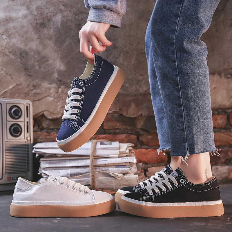 

Canvas Black Blue White Ladies Shoes Sneaker Platform Trainers Women Fashion Lace Up Chunky Sneakers for Women Ladies Oxfords