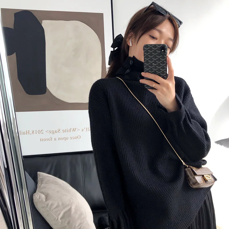 

Winter 2020 Five-Color High-Neck Button Sweater Female Korean Version Loose-Fitting Thin Turn Collar Head Top