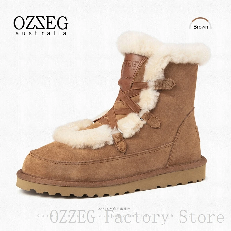 OZZEG/Роскошные брендовые дизайнерские зимние ботинки женская австралийская подкладка из натуральной овечьей шерсти зимняя обувь из натуральной кожи с мехом женская обувь наивысшего качества - Цвет: Коричневый