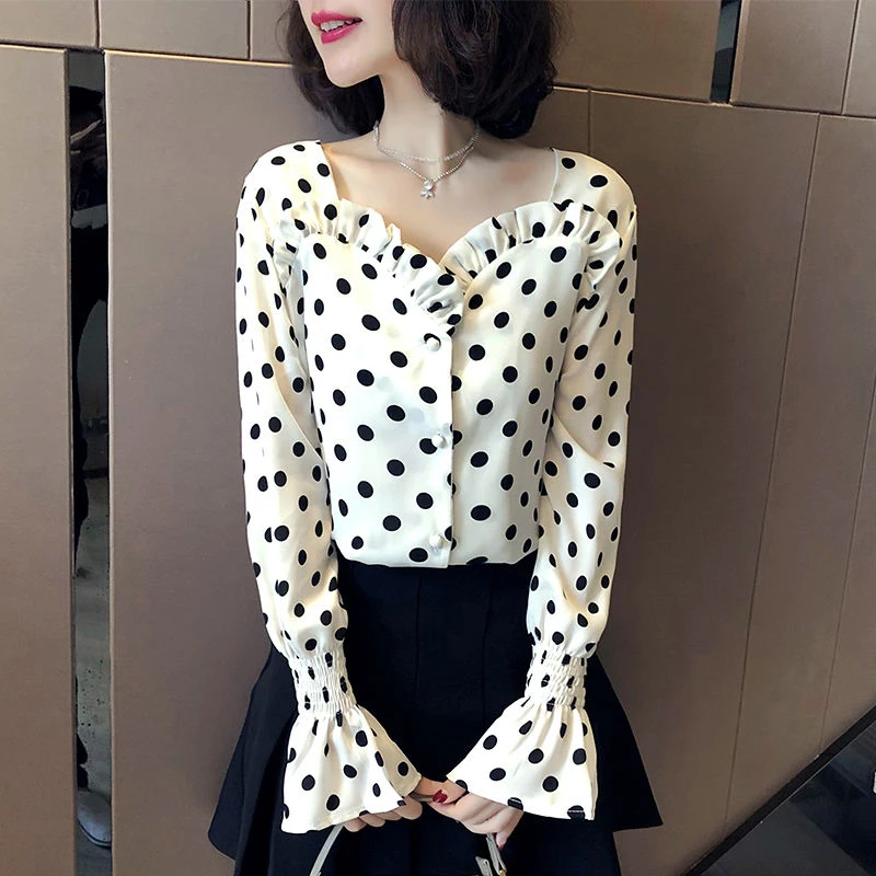 Женская шифоновая блузка с длинным рукавом Повседневная Блузка в горошек