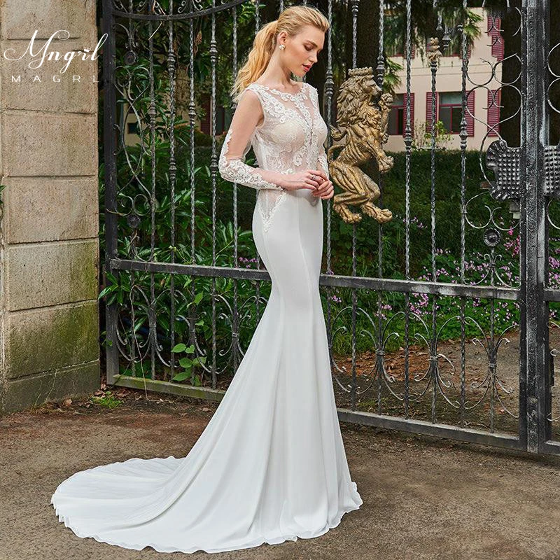 

MNGRL Wedding Dress Luxury Retro Long Sleeve Mermaid 3d Flower V-neck Backless Tail Wedding Gown Plus Size Bridal Dresses