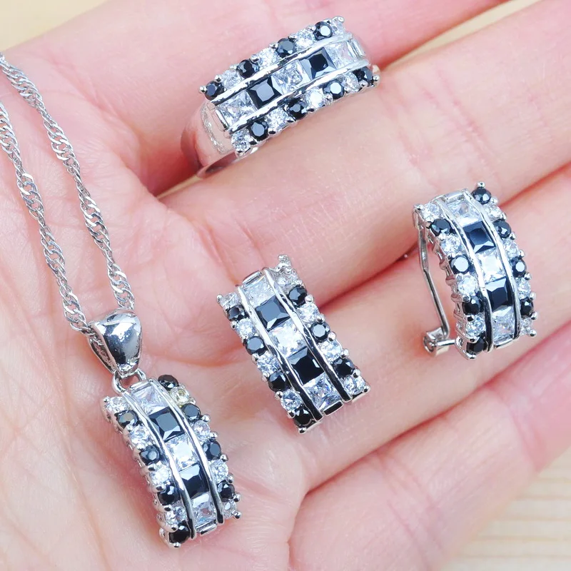 Завораживающий черный камень кубического циркония женские Посеребренные