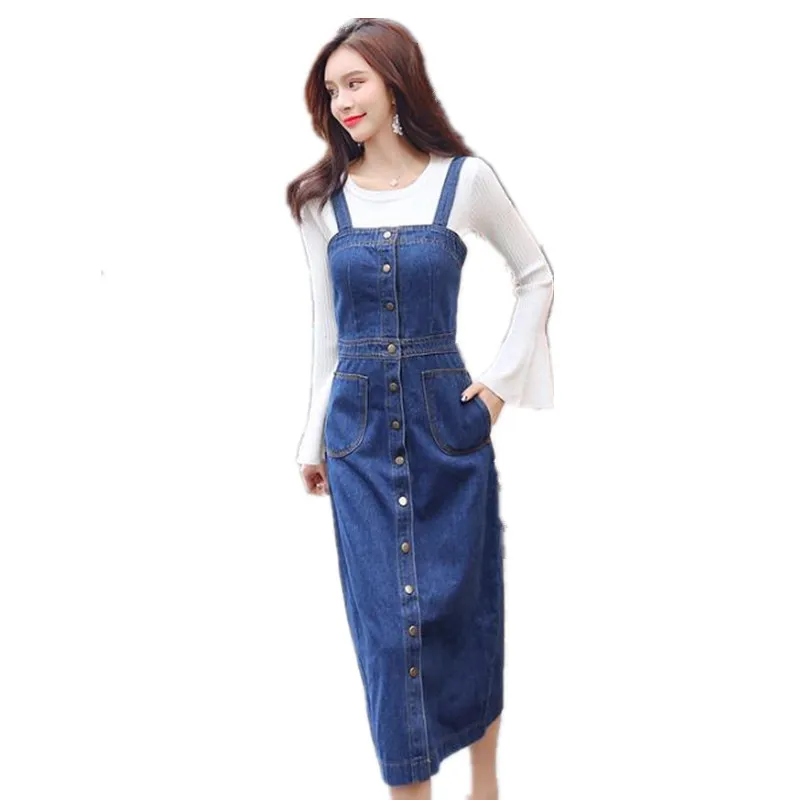 

Spring Autumn Women Spaghetti Strap Denim Dress Casual Sleeveless Korean Dress Female Retro A Line Single-breasted Long Dresses
