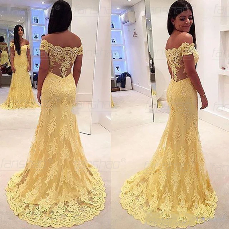 

Yellow Lace Appliques Mermaid Evening Dresses Sexy Off the Shoulder Sleeveless Formal Party Gowns