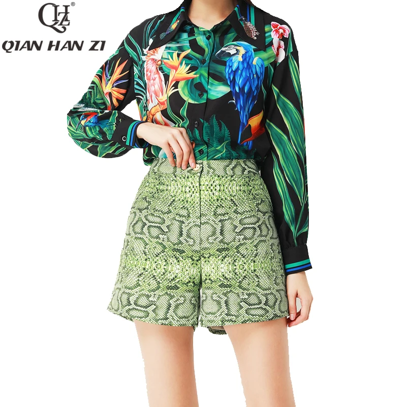 

Qian Han Zi 2020 Spring/Summer Designer Fashion two Piece Set Women's Long Sleeve Print Shirt Top+Snakeskin Mini Shorts Suit Set
