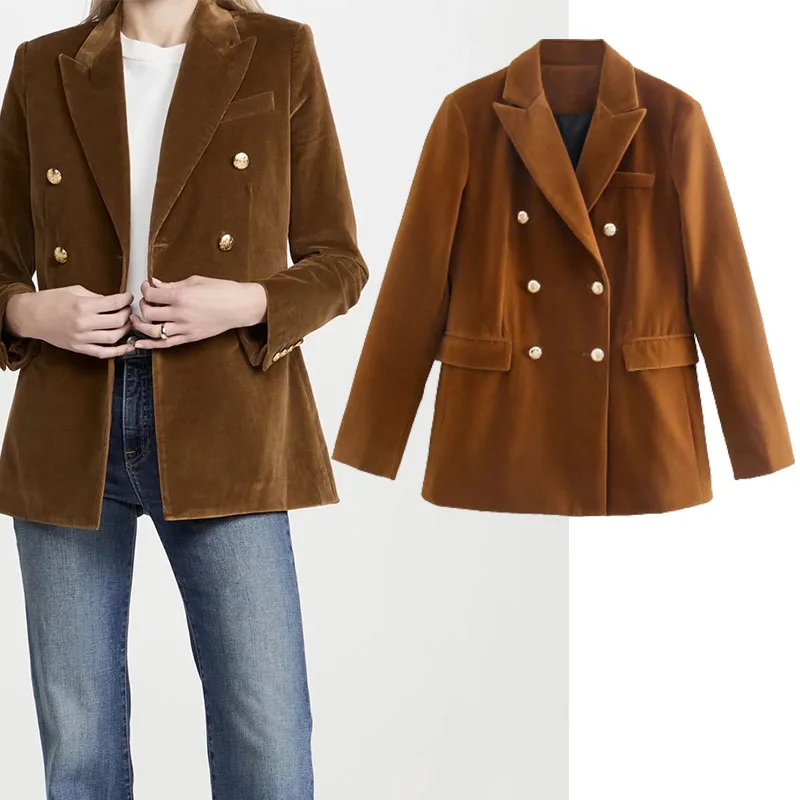 

Женский бархатный двубортный Блейзер Xypskh Za, винтажный пиджак с длинным рукавом и карманами, верхняя одежда, шикарные топы, новинка 2021