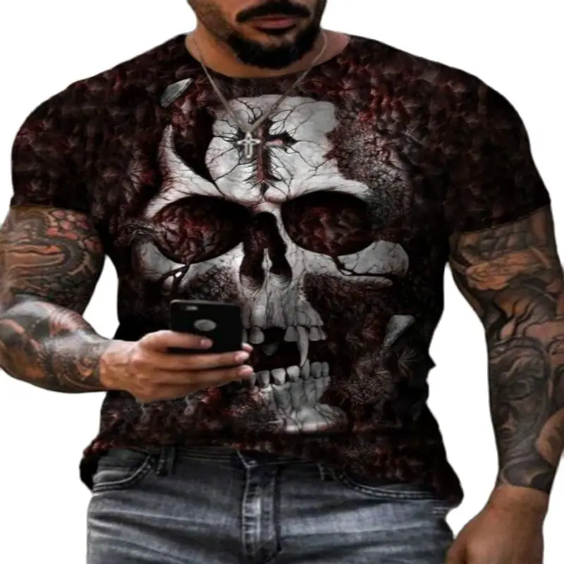 

Men's T-shirt 3D printing skull flower O-neck short-sleeved casual fashion loose breathable top 2021 summer wind