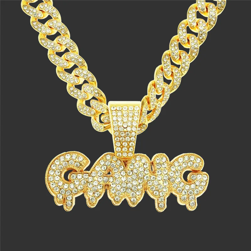 

Hip Hop Jewelry For Men AAA Zircon Letter GANG Pendant With Iced Out Miami Cuban Link Chain Necklace Party Jewelry Gifts