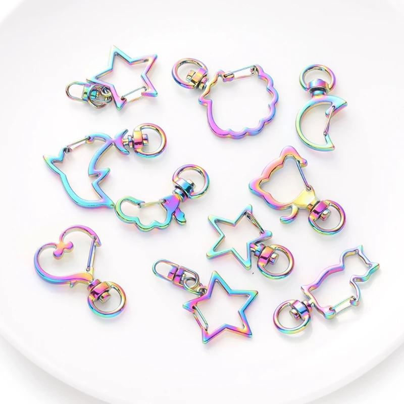 

10pcs Rainbow Metal Snap Hook Lobster Clasp Lanyard with Keyring for Keychain Heart Star Cat Key Chain Open Bezel DIY