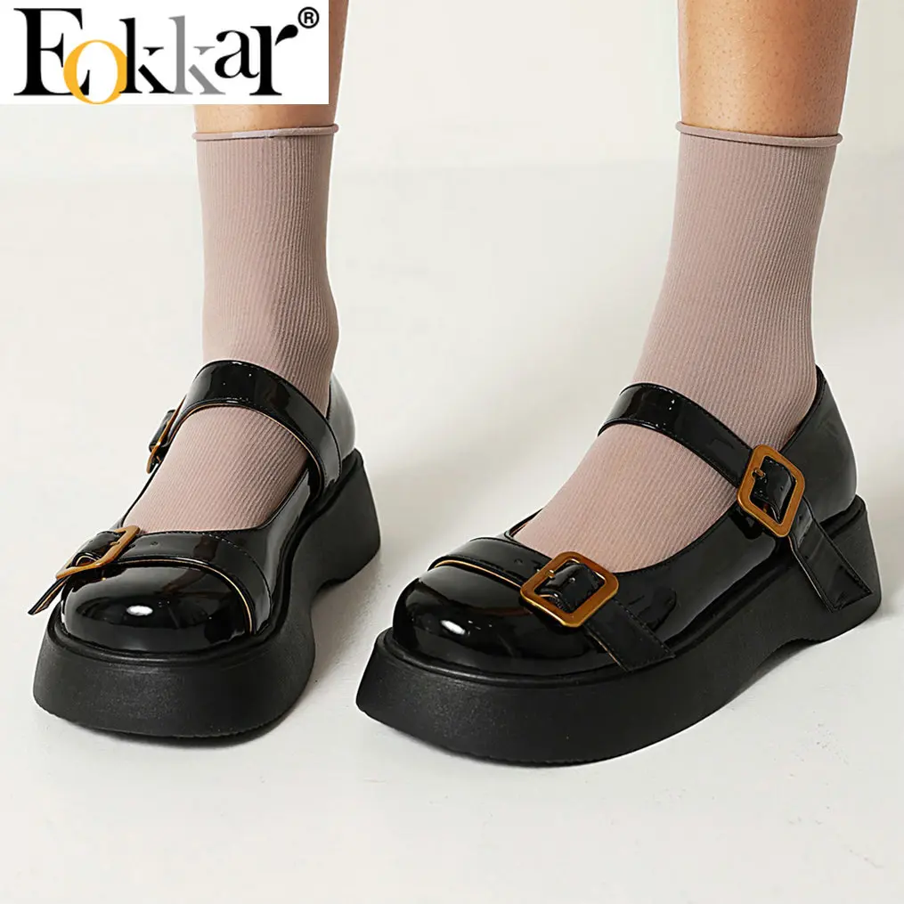 

Eokkar 2022 Patent Leather Mary Janes Wedges School Uniform Shoes Black for Women Buckle Platform Round Toe Women Shoes Size 42