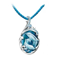 luxury fashion drop shaped blue crystal glass dolphin shaped pendant exquisitely inlaid zircon simple and versatile necklace