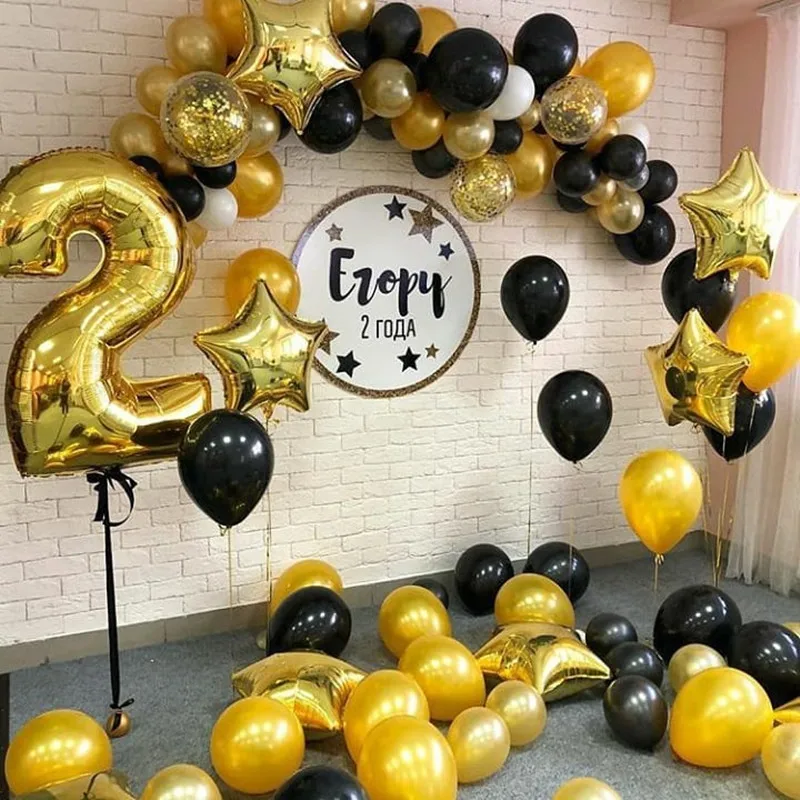 1pc party decoration black gold digital confetti mesh 4d balloon baby 2 years old birthday theme party decoration