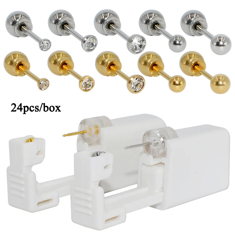 

24pcs/Box Disposable Safety Ear Piercing Device+Sterile Bezel Crystal Stud No Sharp Body Piercing Jewelry Suitable Baby