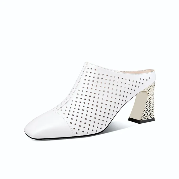 

2021 spring and autumn wear hollow white sandals, thick heel high heels, women's half slippers