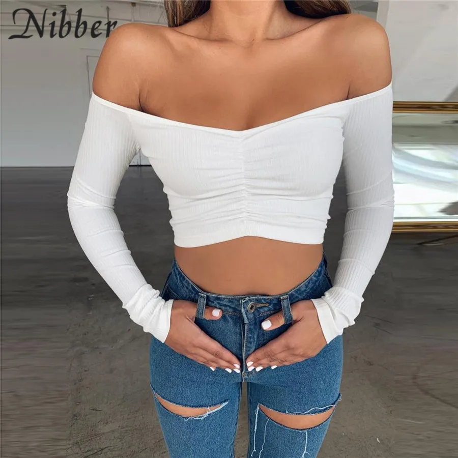 Nibber элегантные топы с открытыми плечами для женщин осень черный красный стрейч тонкая футболка Топ Модные вечерние повседневные футболки mujer