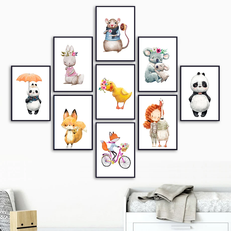 

Koala Girl Duck Panda Fox Rabbit Mouse Wall Art PrintNordic Posters And Canvas Painting Prints Wall Pictures Kids Room Decor
