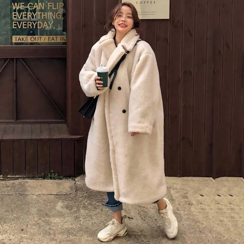 

YOSICIL Winter 2021 Women Solid Lamb Fur Coat Long Sleeve Casual Fleece Jacket Turn Down Collar Long Teddy Coat Outerwear