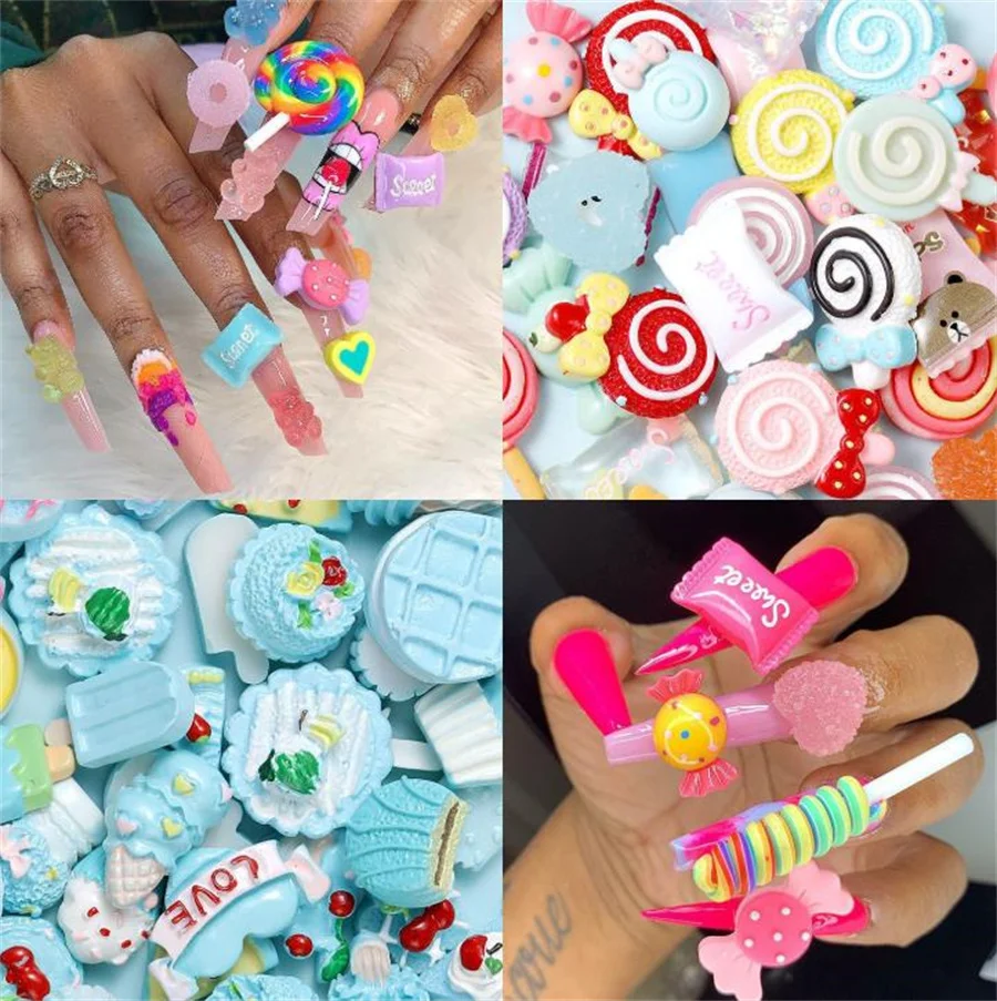 10PCS Kawaii Resin Nail Art Charms Happy Flower Christmas Jelly Gummy Mix Sweet Candy 3D Nail Decoration DIY Nail Accessories