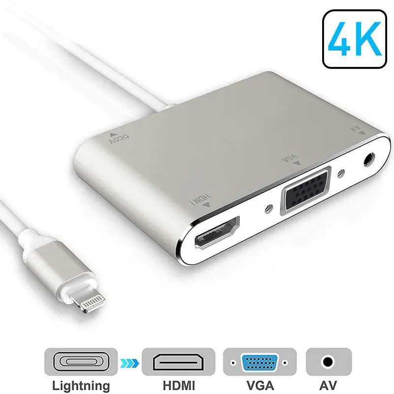 Док-станция 4 в 1 Lightning-HDMI VGA AV адаптер HD 1080P для IPhone Xs MAX XR X 8 7 6 Plus iPad Mini Air-tv проектор