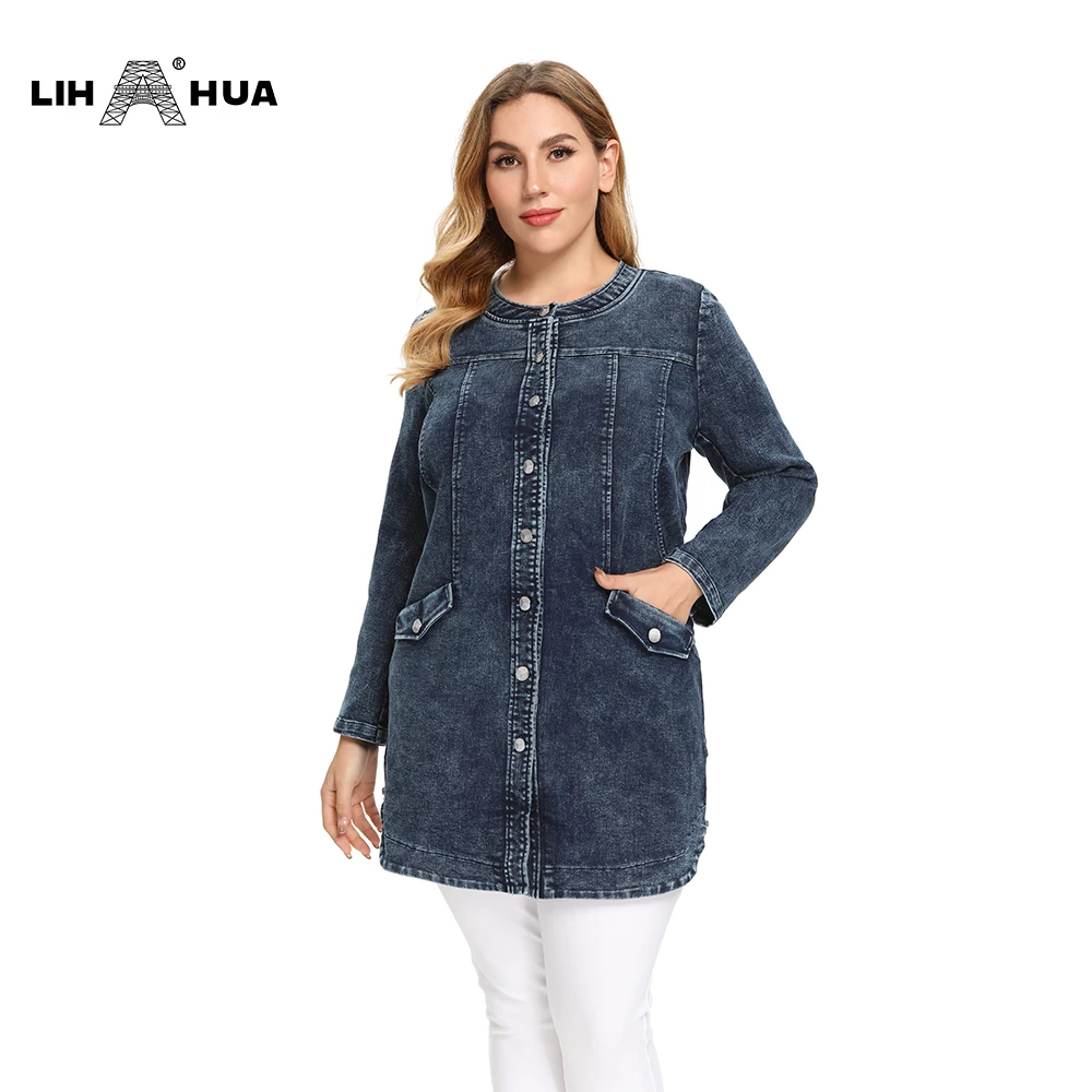 

LIH HUA Women's Plus Size Casual Long Style Slim Denim Jacket for Woman Premium Stretch Knitted Denim