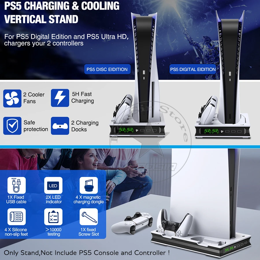 new game console cooling stand for playstation 5 with 2 cooler fan dual led gamepad charger station for ps5 discdigital edition free global shipping