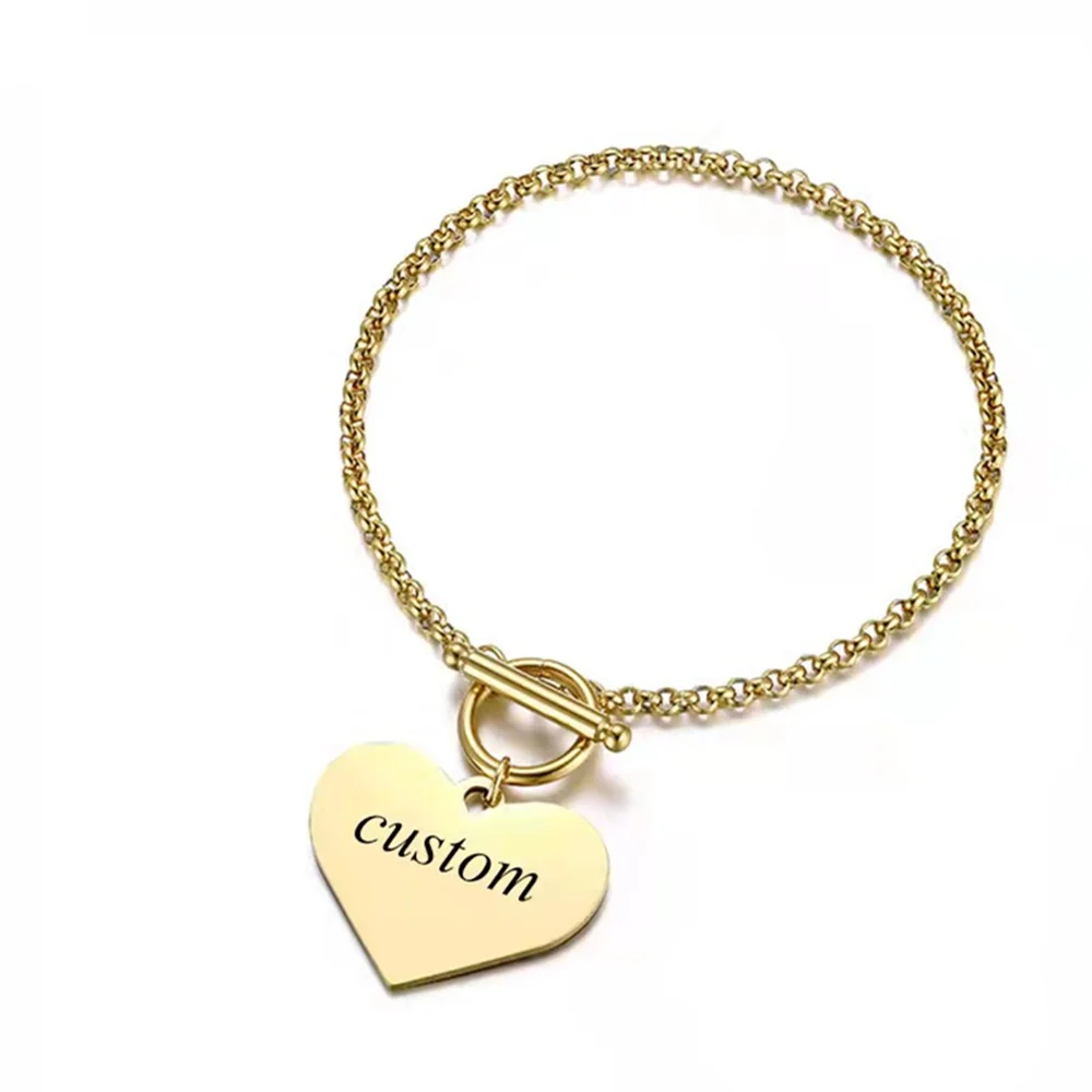 

Custom Name Stainless Steel Jewelry DIY Laser Engraving Bracelet For Women Heart Pendant Letter Bracelet Personalized Gift