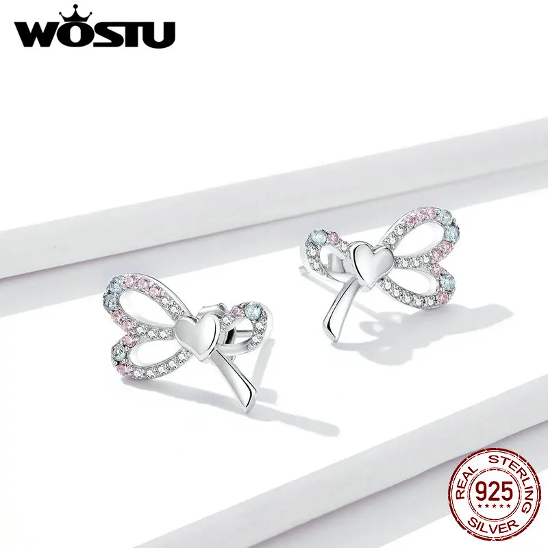 WOSTU Bowknot Lovely Stud Earrings 100% 925 Sterling Silver Pink Zirconia Small For Women Birthday Party Jewelry CTE364 | Украшения и