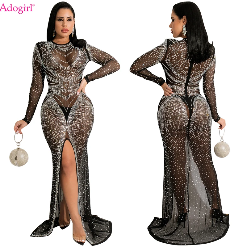 

Adogirl Diamonds Mesh Maxi Party Dress Women Sexy See Through Long Sleeve High Split Bodycon Evening Gown for Valentine's Day