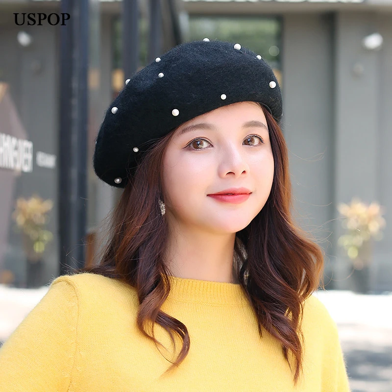USPOP Berets women's hats wool beret female pearl decorated berets Warm winter hat caps | Аксессуары для одежды