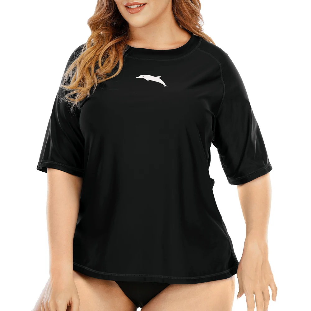 Для женщин одежда размера плюс с коротким рукавом Рашгард рубашка купальник из