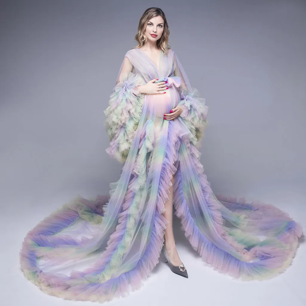 

Unique Colorful Photo Shoot Evening Dresses Sexy See Through Ruffles Tulle Lace Pregnant Women Cape Dress Maternity Baby Shower