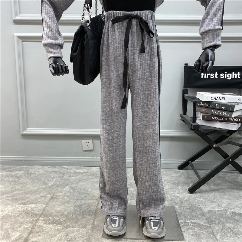

2021 Leisure Sports Suit Contrast Sleeve Bar Vertical Collar Zipper Cardigan+drawstring Elastic Waist Drape Wide Leg Trousers
