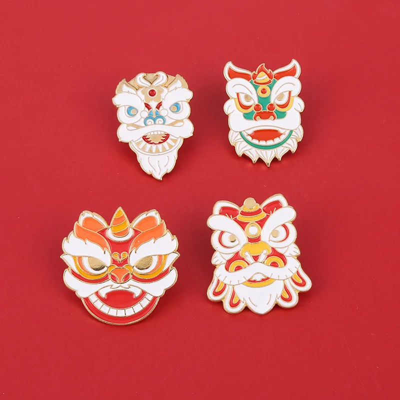 

Chinese Style Metal Brooch Lion Dance Lion Head Shape Paint Alloy Badge Collar Accessories Brooch