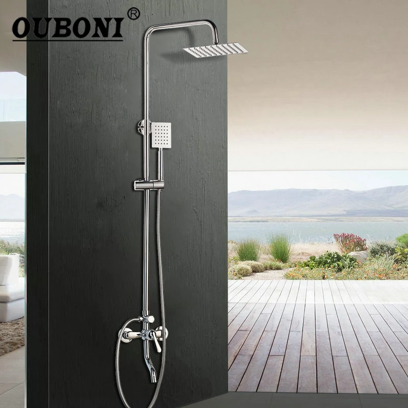 

OUBONI Stainless Steel 2 Functions Bathroom Faucets Set Chrome Polish 8 Inch Rainfall Shower Head Mixer Faucet Adjust Height