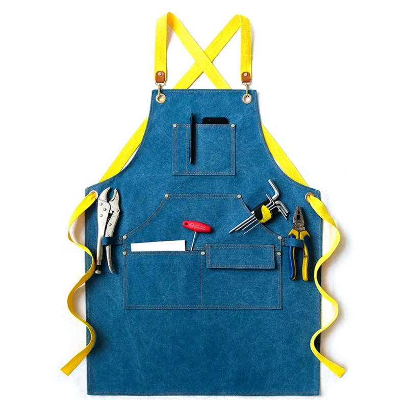 

2022 New Men Women Canvas Work Apron Cross-Back Adjustable Shoulder Strap Handcraft Bib with Multi Tool Pockets for Woodworking