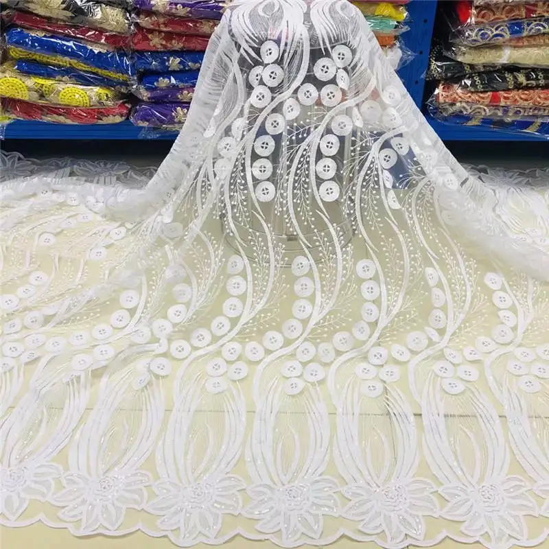 

2021 Африканский стиль новейший дизайн белая цветная сетчатая кружевная ткань с вышивкой бусинами для вечернего свадебного платья 5 ярдов! ...