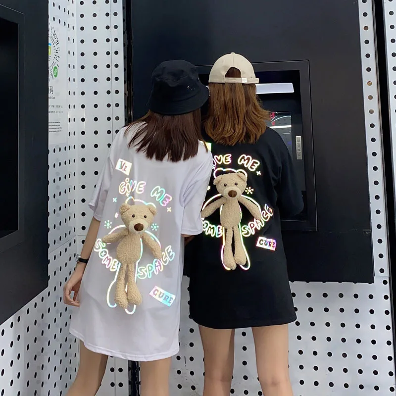 

Korean Version of Couples Reflective Bear T-shirt Summer Loose Mid-length Short-sleeved Sweatshirt Streetwear Oversized T Shirt